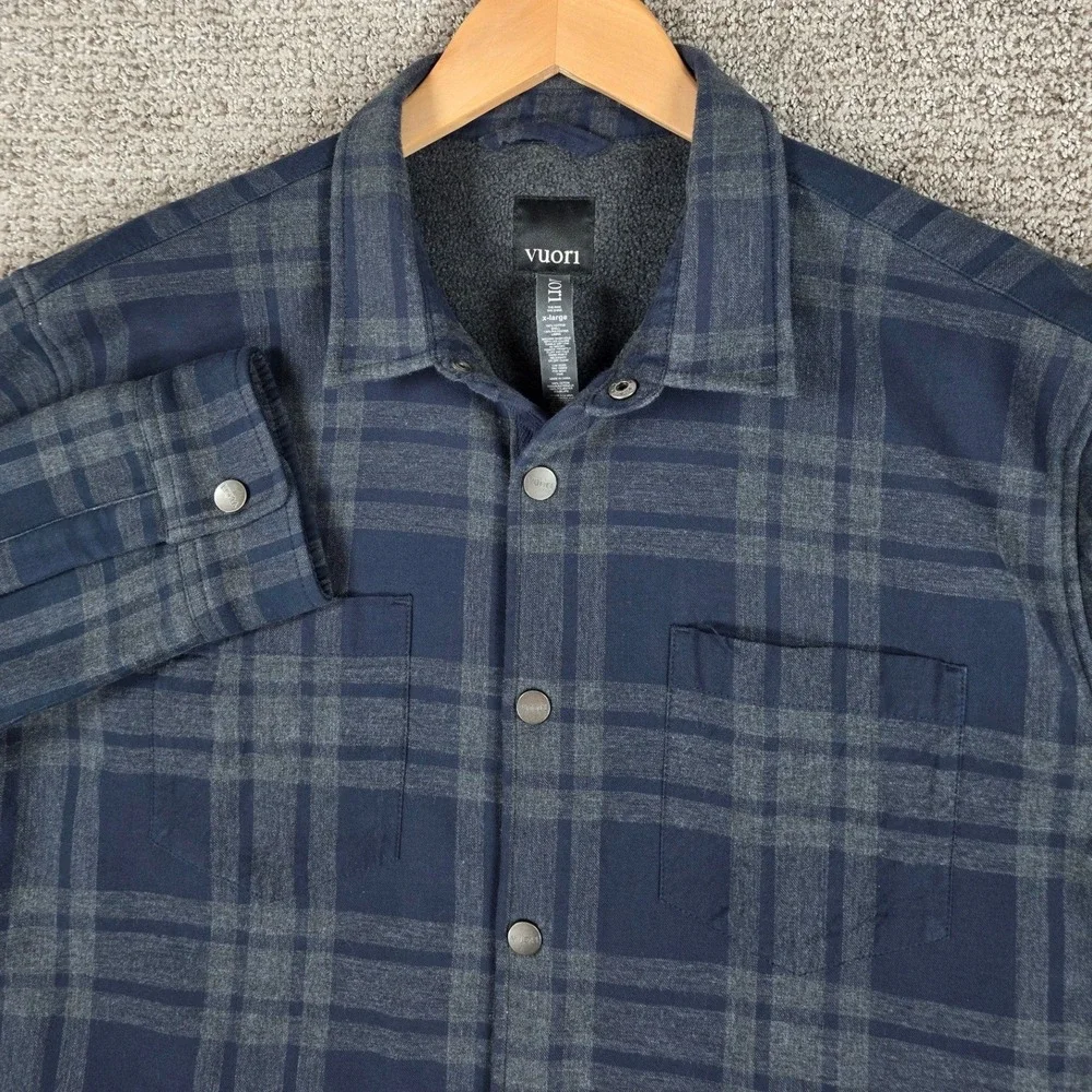 Vuori Coastside Mens XL Plaid Fleece Lined Snap Flannel Shirt Jacket Blue Gray